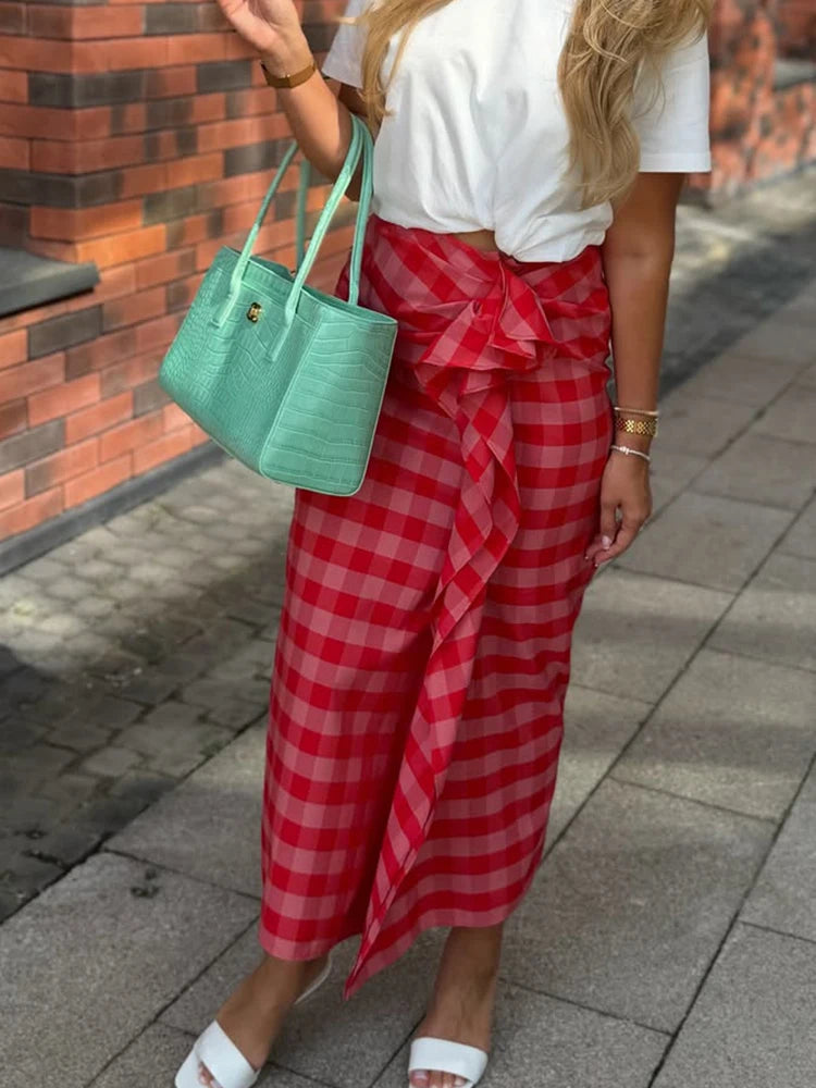 HH Elegant Summer Red Plaid Midi Skirt For Women Chic High Waist Stacked Ruffle Decoration Midi Skirt Female Party Wear