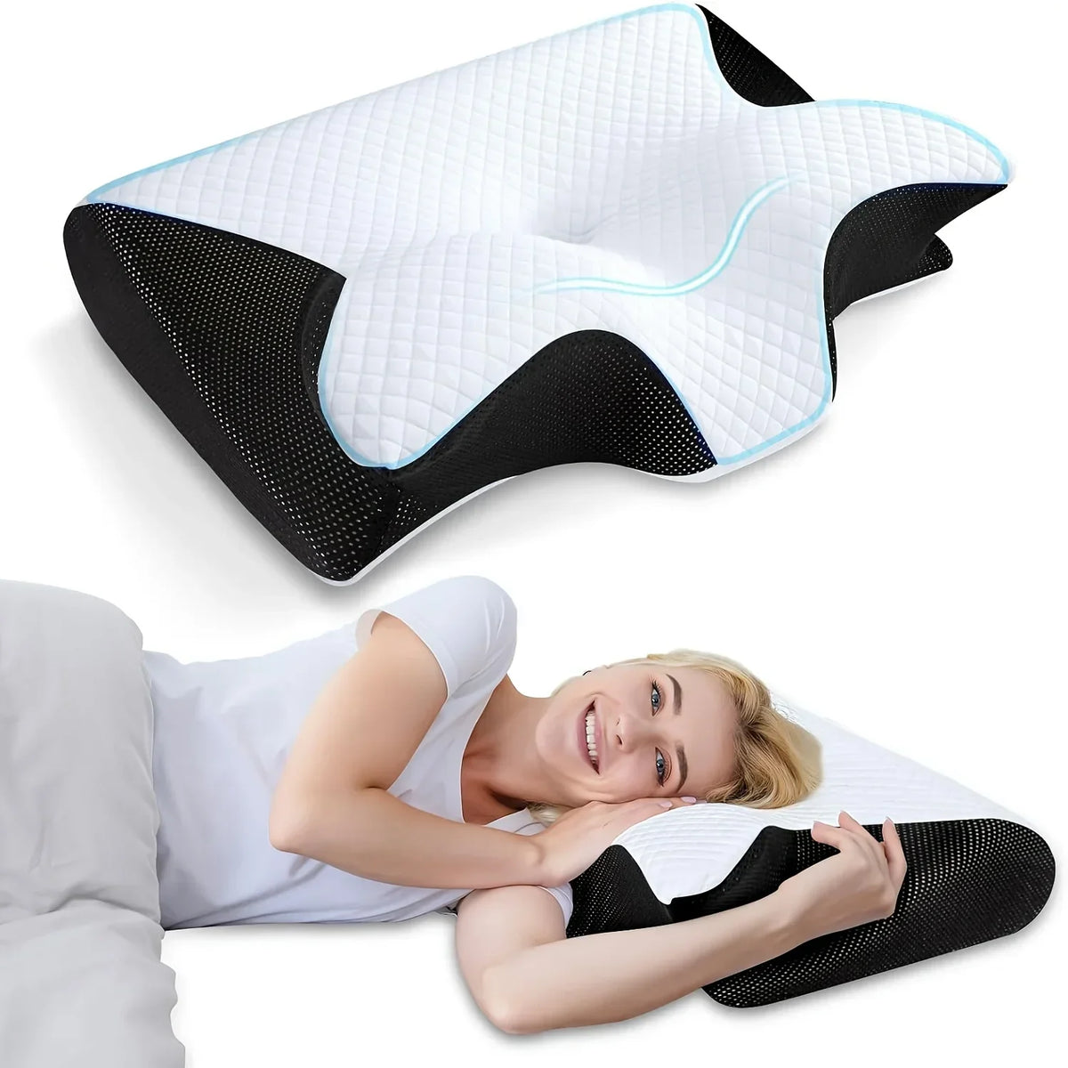 Ergonomic Contour Memory Foam Cervical Pillow Orthopedic Neck Support Pillow with Replaceable Pillowcase for Neck Pain Relief