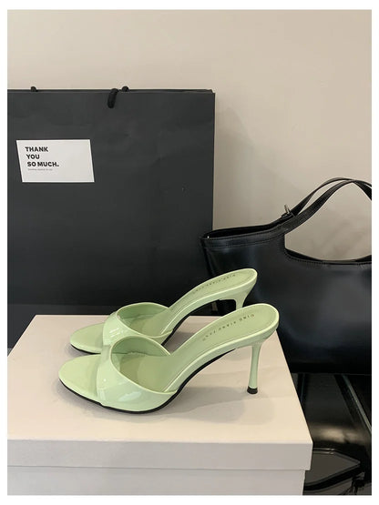2026 Fashion Sexy Thin High Heels Slides Women Open Toe Pumps Slip Sandal Female Slippers Mule Patent Leather Outdoor Flip Flops