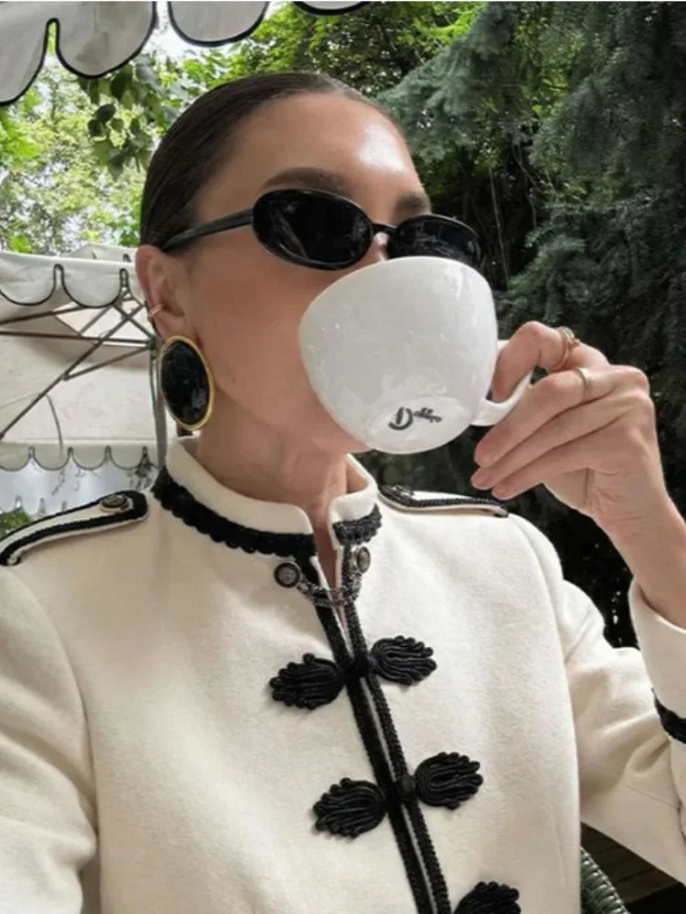 Women Woven Patchwork Crop Jacket Shoulder Pad Frog Button Long Sleeve Street Slim Paneled Blazer 2026 Spring Chic Napoleon Coat