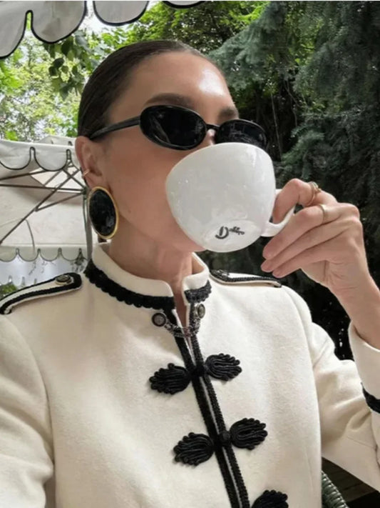 Women Woven Patchwork Crop Jacket Shoulder Pad Frog Button Long Sleeve Street Slim Paneled Blazer 2026 Spring Chic Napoleon Coat