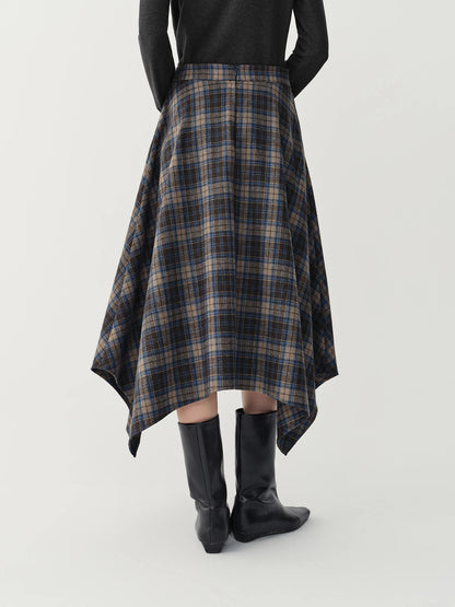 FSLE 2026 Winter Women's Vintage Plaid Print Asymmetric Full Flare Midi Skirt - Flattering Elegant Chic Versatile for Daily Wear