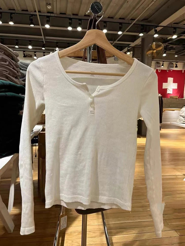 Retro White Ribbed Button T-shirts Women Spring Cotton Round Neck Long Sleeve Tees Female Y2k Streetwear Casual T Shirt Tops