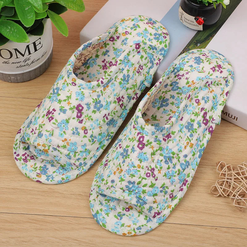 Women's indoor slippers, spring and autumn soft cotton slippers, women's retro floral home bedroom slippers