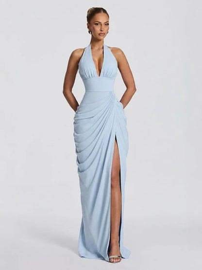 Sexy Solid Pleated Halter Dress Women Fashion Sleeveless Backless Waist-cinching Split Maxi Dresses 2026 Summer Lady Party Gowns