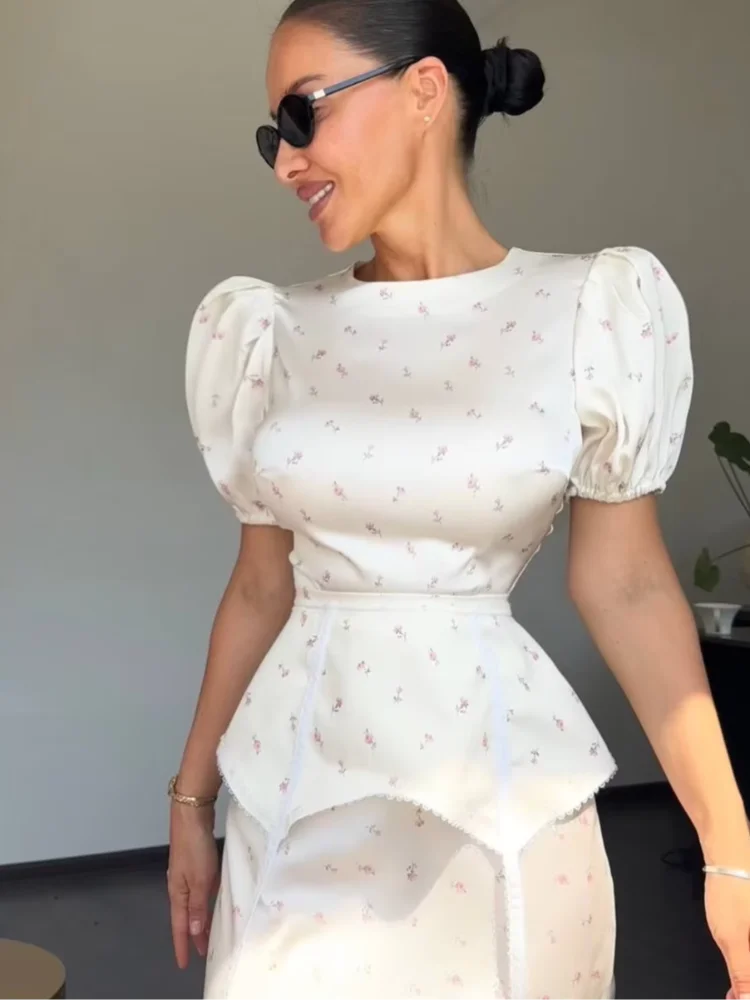 Elegant Printed Satin Skirt Set Women Fashion Round Collar Short Sleeve High Waist Top Skirts Suit Chic 2026 Lady Street Outfit