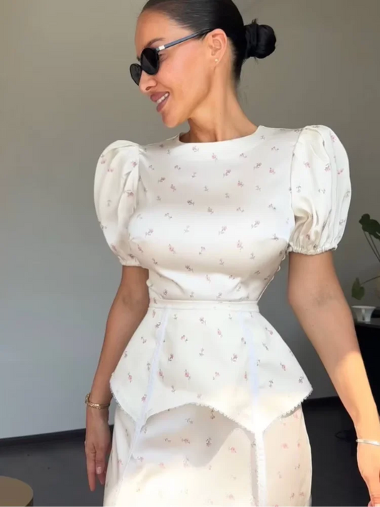 Elegant Printed Satin Skirt Set Women Fashion Round Collar Short Sleeve High Waist Top Skirts Suit Chic 2026 Lady Street Outfit