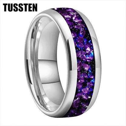 TUSSTEN 4/6/8MM Men's and Women's Wedding Tungsten Ring Galaxy Orion Nebula And Purple Crystal Stone Inlaid Comfortable Fit