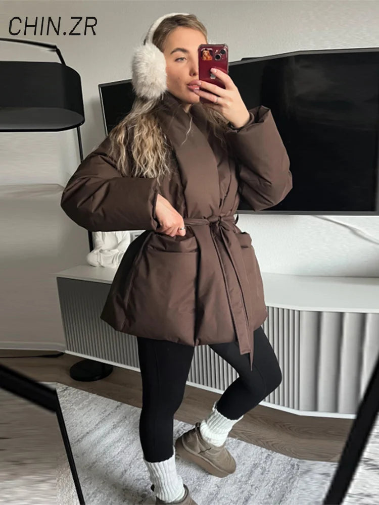 Casual Lace Up Women Winter Coats 2026 Belt Stand Collar Zipper Full Sleeve Kimono Jacket Lady Solid Thick Warm Outwear New