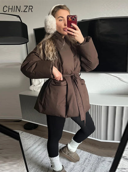 Casual Lace Up Women Winter Coats 2026 Belt Stand Collar Zipper Full Sleeve Kimono Jacket Lady Solid Thick Warm Outwear New