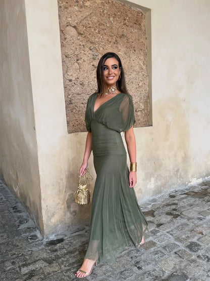 Women Solid Deep V-neck Mesh Long Dress Elegant Puff Short Sleeve Ruched Waist High Vestidos 2026 Summer Lady Casual Street Robe