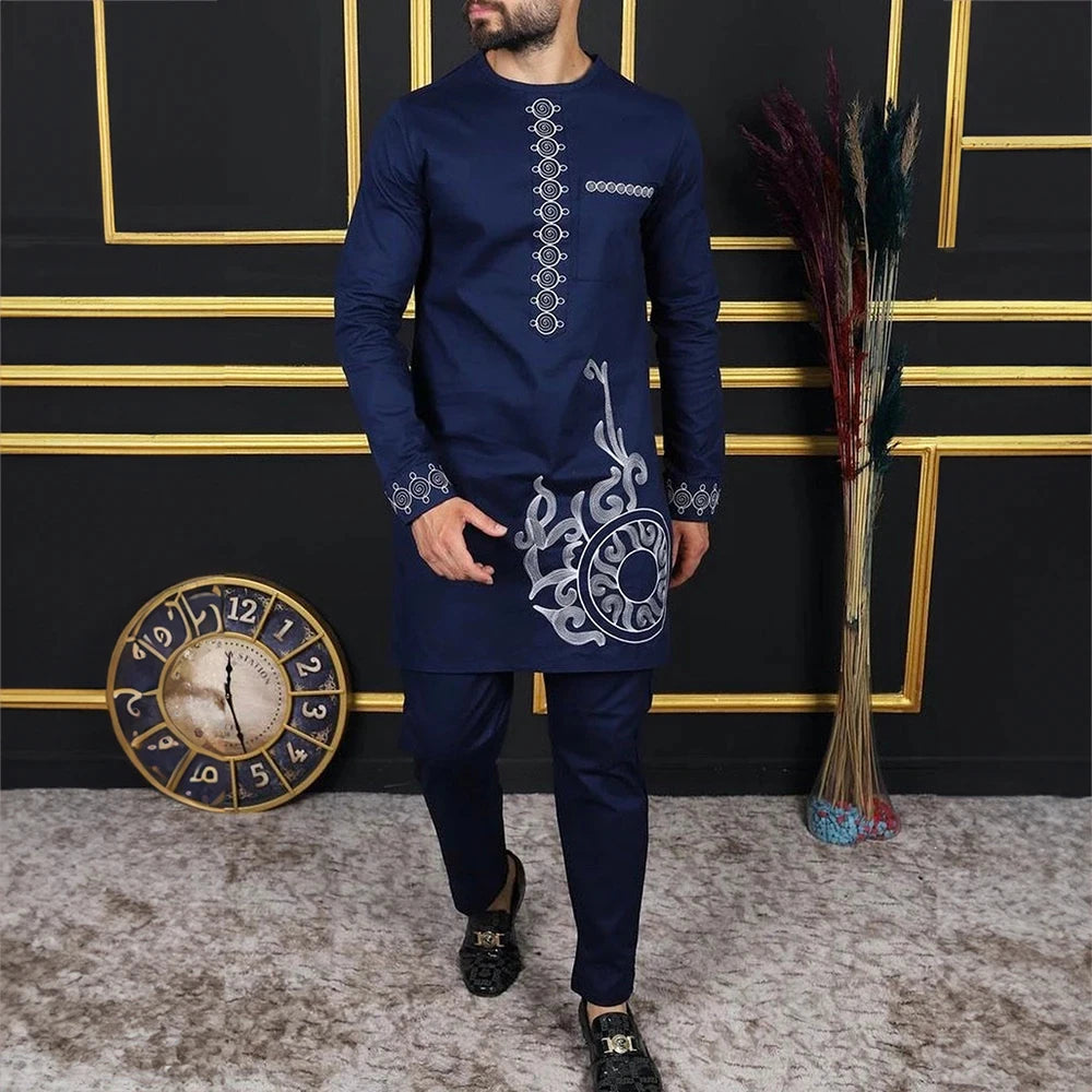 2025 African Men Dashiki Long Sleeve 2 Piece Set Traditional Outfit Africa Clothing White Men's Suit Male Shirt Pants Suits