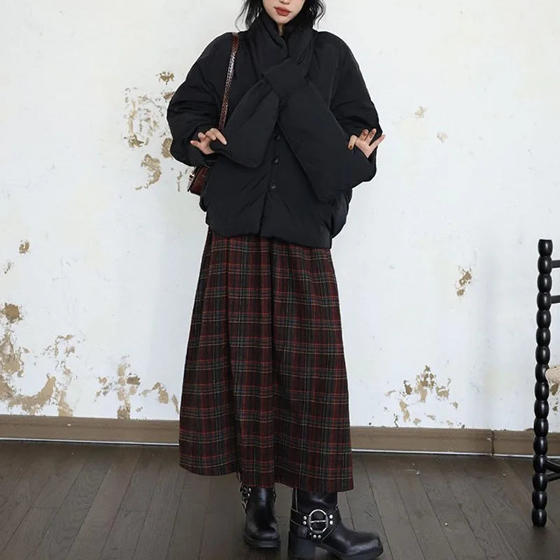 2025 Women's Autumn-Winter Vintage Check Tweed Mid-Length A-Line Umbrella-style Skirt With Wide Hips And Large Skirt Hem