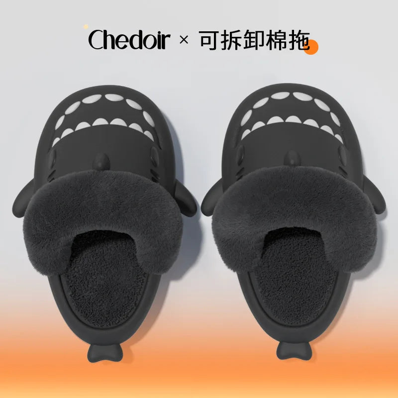 Litfun Fuzzy Shark Slippers For Women Men Winter Indoor Plush Cartoon Cotton Shoes New Outdoor Adults Kids Waterproof Furry Shoe