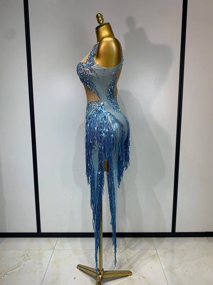 Sparkly Blue Rhinestone Tassel Mesh See Through Dress Pole Dancer Singer Outfit Women Sexy Evening Party Club Stage Costume