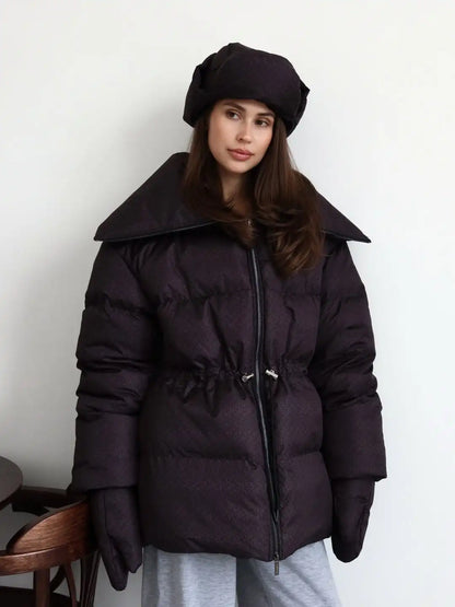 Women Stand Collar Puffer Jacket Waist Cinched Zipper Long Sleeve Warm Padded Coat 2026 Winter Commuter Lady Quilted Outerwear