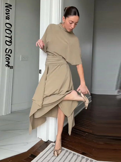 Elegant Irregular Hem Skirt Set Women Short Sleeve Half High Collar Top Loose Long Skirt 2026 Summer Lady New Casual Chic Outfit