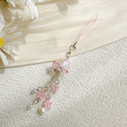 Purple Pink Jellyfish Key Chain Wind Chimes Star Heart Beaded Keyring for Phone Camera Earphone Case Charm Pendant Keycord