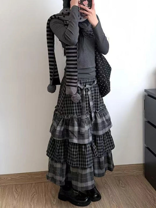 Women's Patchwork Plaid Tiered Long Skirt