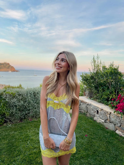 Silver Yellow Patchwork Lace Slip Mini Dress Casual V-neck Sheer Lace Trim Robes Women's Summer Beach Vacation Gowns 2026 New
