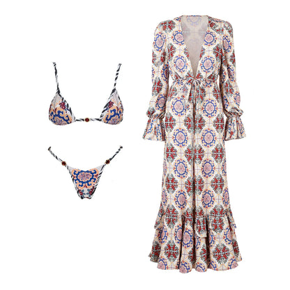 Push Up 2026 New Retro Prints 3 Pieces Bikinis Sets With Mesh Pants Beachwear Sexy Women's Swimsuit Cover-ups Strappy Beach Wear
