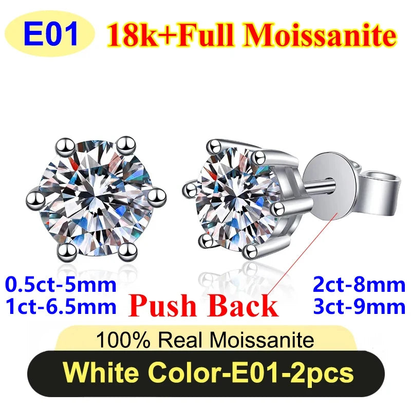 PureNew 0.5-3ct Classic Full Moissanite Earrings For Women S925 Silver Plated 18k Gold D Color VVS1 Women's Moissanite Earrings