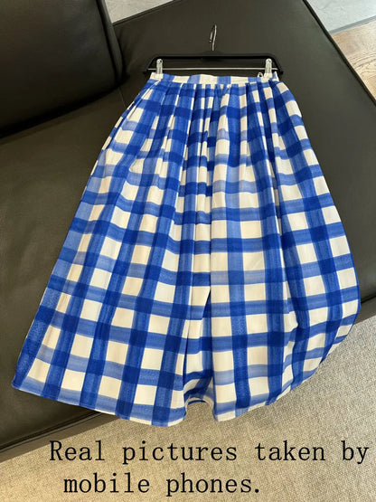 KEYANKETIAN 2025 New Classic Plaid Pleated Puffy Skirt Zipper High Waist Pockets Women's Vintage Ankle-Length A Line MIDI Skirt