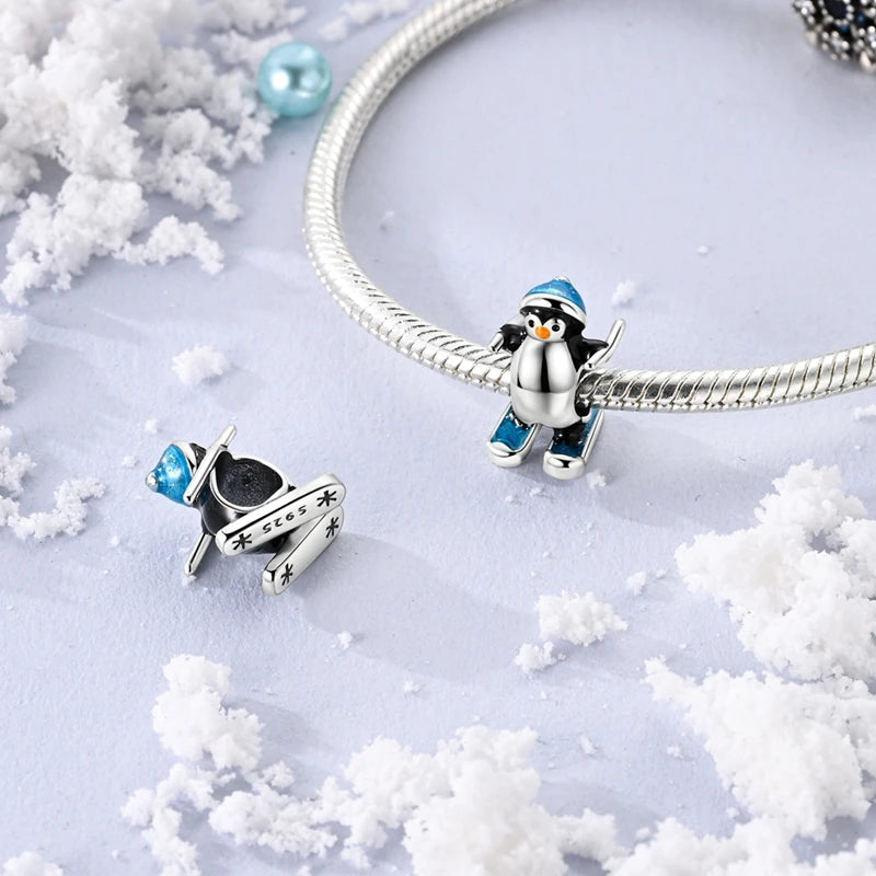 Original 925 Sterling Silver Charms Beads Winter Snowflake Snowman Igloo Penguin Pendant Fit Bracelet Charms Women Jewelry Gift