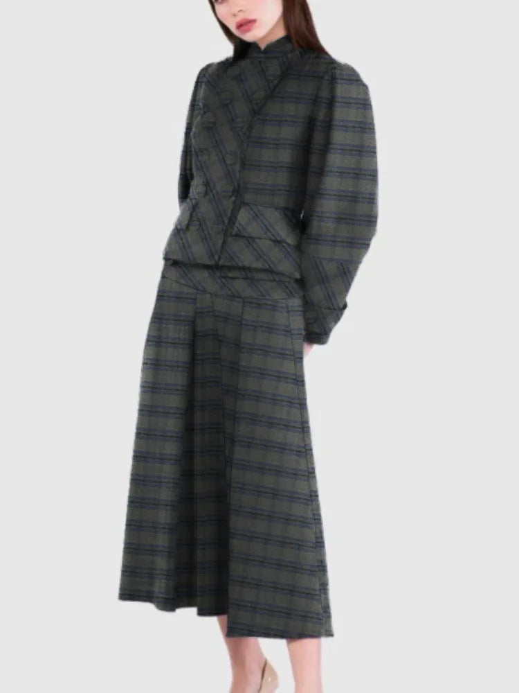 Women Vintage Plaid Office Party 2 Piece Sets Stand Collar Double Breasted Bubble Sleeves Jacket & High Waisted Midi Skirt Suits