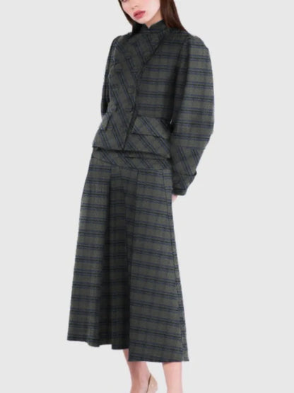 Women Vintage Plaid Office Party 2 Piece Sets Stand Collar Double Breasted Bubble Sleeves Jacket & High Waisted Midi Skirt Suits