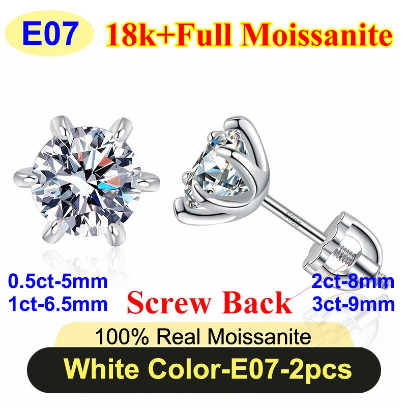 PureNew 0.5-3ct Classic Full Moissanite Earrings For Women S925 Silver Plated 18k Gold D Color VVS1 Women's Moissanite Earrings