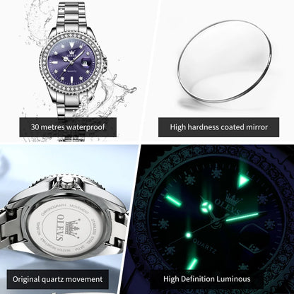 OLEVS 9945 Women's Watches Elegant Purple Full Diamond Dial Solid Stainless Steel Auto Date Waterproof Quartz Watch for Women