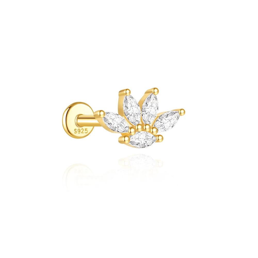 AIDE 925 Sterling Silver Shiny Hollow Lotus Flower Crown Flat Back Internal Thread Piercing Earring For Women INS Dainty Luxury