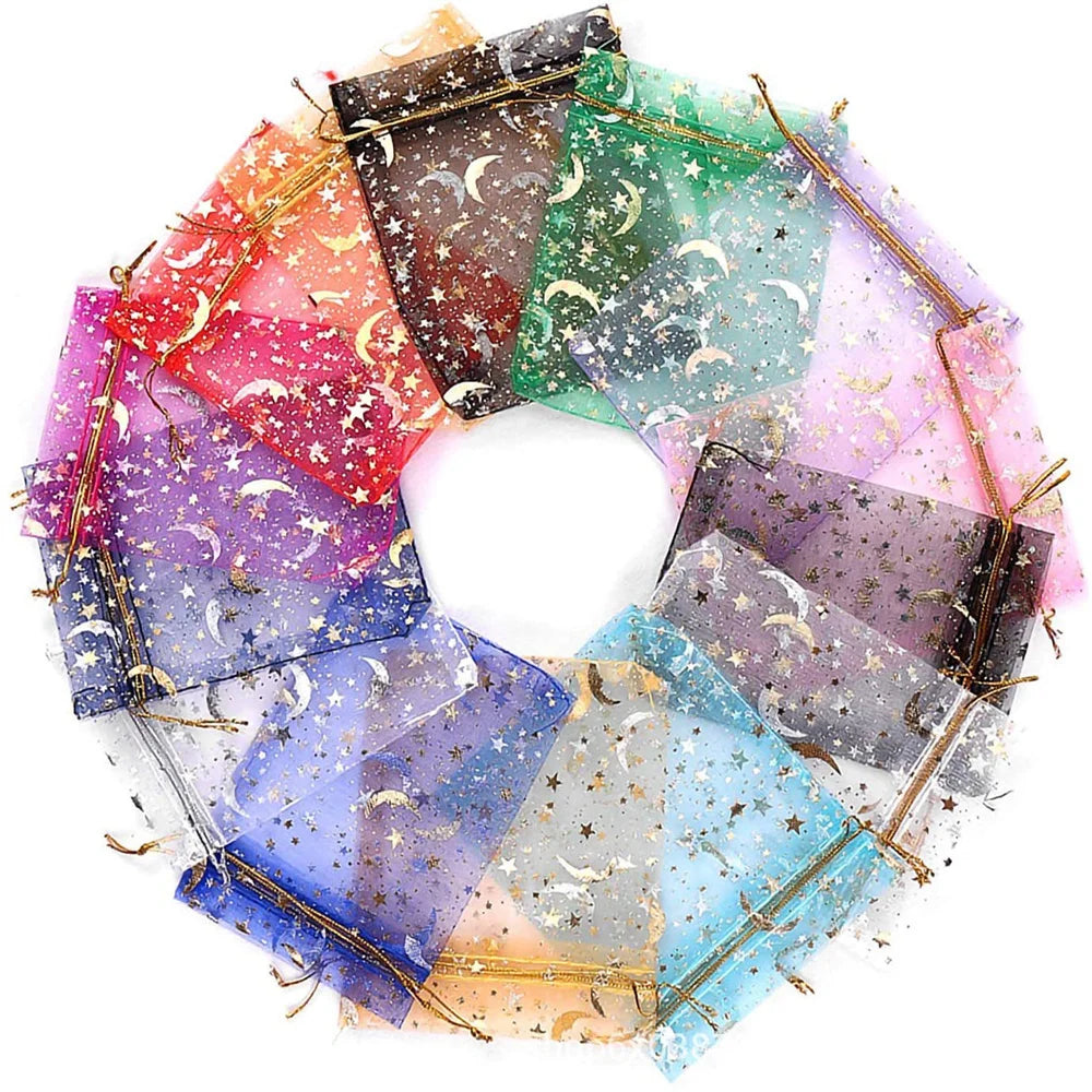 50/100pcs Multiple-sizes Printing Star Moon Organza Sack Drawstring Charm for Jewelry Gifts Display Packaging Bags