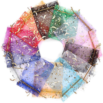 50/100pcs Multiple-sizes Printing Star Moon Organza Sack Drawstring Charm for Jewelry Gifts Display Packaging Bags