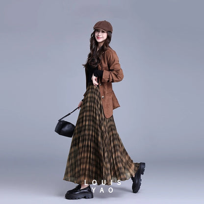 LOUISYAO Contrast Color Plaid Long Skirt Women 2025 Autumn High Waisted Elastic Waist A Line Midi Skirt Casual Bottoms