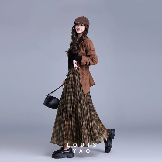 LOUISYAO Contrast Color Plaid Long Skirt Women 2025 Autumn High Waisted Elastic Waist A Line Midi Skirt Casual Bottoms