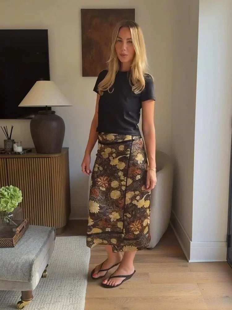 Retro Floral Print Midi Skirt For Women High Waist Wrap Side Button Straight A‑Line Casual Long Skirt Autumn Daily Bottoms 2026