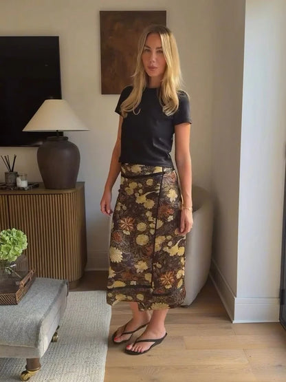 Retro Floral Print Midi Skirt For Women High Waist Wrap Side Button Straight A‑Line Casual Long Skirt Autumn Daily Bottoms 2026