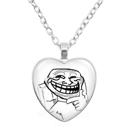 Rage Comic Necklace Derp Face Trollface Funny Meme Cartoon Glass Heart Shape Pendant Chain Necklace Charm Jewelry Collect Gift