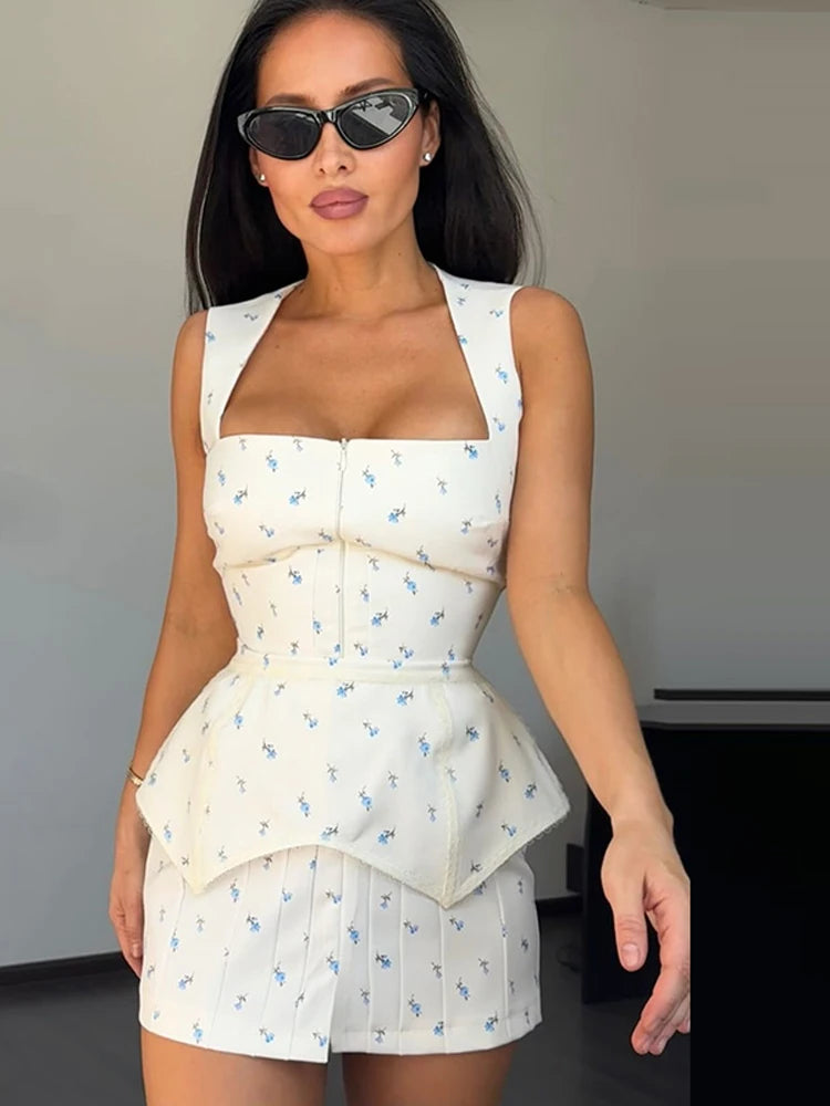 Elegant Printed Satin Skirt Set Women Fashion Round Collar Short Sleeve High Waist Top Skirts Suit Chic 2026 Lady Street Outfit