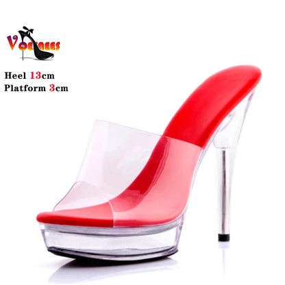 Summer Women Slipper Sandals 12cm 13CM Open Toe Crystal Thin Heel Transparent Platform Women's Shoes Sexy Model Training Heels