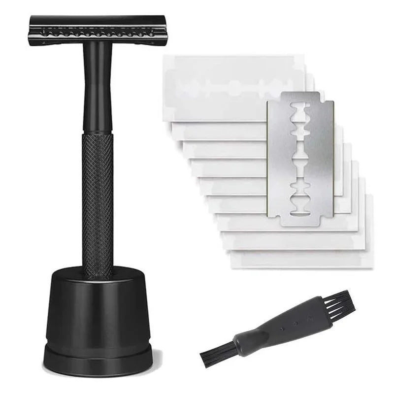 Black Safety Razor Weighted Handle Metal Razor  With 10Double Edge Safety Blade Refills Razor for Men & Women