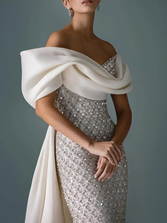 Customized Evening Dresses Exquisite Sexy Classic Jersey Pattern Sequined Straight Boat Neck Long Dress High Quality Prom Gown