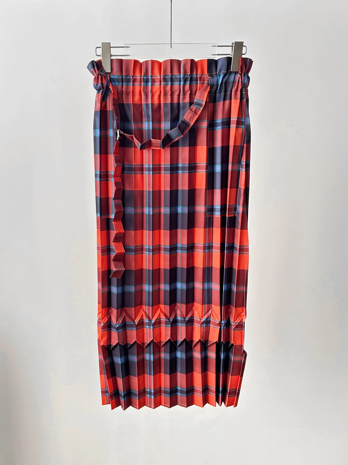 Vibrant Red-Blue Plaid Miyake Pleated Midi Skirt Ruffled Waistband Self-Tie Belt Women Casual Daily Office Weekend Brunch Skirt