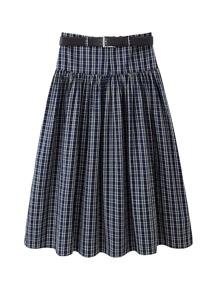 Women's Checked Pleated Skirt with Waist Detail