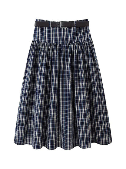 Women's Checked Pleated Skirt with Waist Detail
