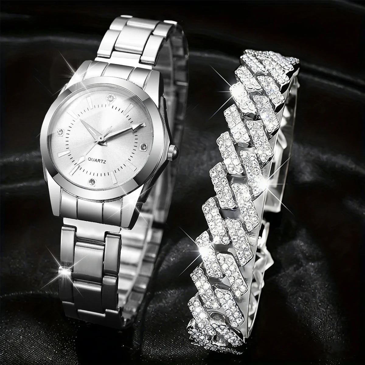 2PCS Fashion Rhinestone Women Watches Bracelet Set Stainless Steel Band Quartz Wristwatch Reloj Mujer Girls Clock（Without Box）