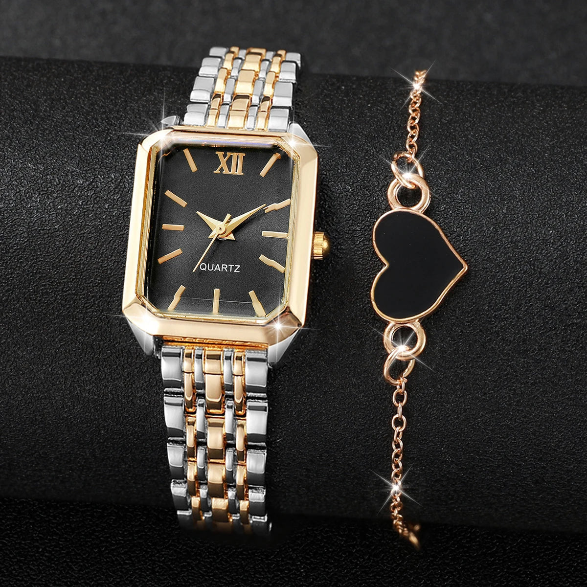 2PCS Fashion Mix Gold Women Quartz Watch Heart Bracelet Set Ladies Rectangle Roma Dial Wristwatch Reloj Mujer (Without Box)