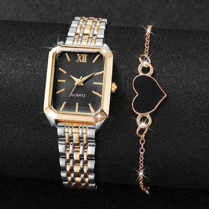 2PCS Fashion Mix Gold Women Quartz Watch Heart Bracelet Set Ladies Rectangle Roma Dial Wristwatch Reloj Mujer (Without Box)